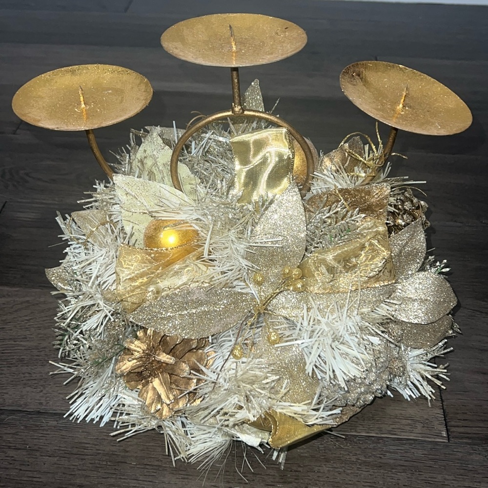 Gold Holiday three tier candle holder with glitter and ribbon